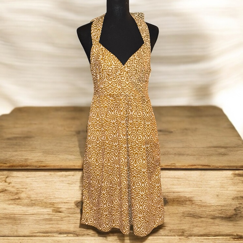 Women’s J. Crew Brown & White Halter Neck Lined Dress Size 8 100% Cotton